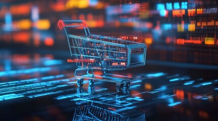 E-commerce Metrics Futuristic Background for Online Retail Analytics. Dynamic data visualization, charts, and graphs presenting insights into digital commerce trends and performance.