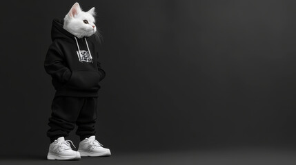 Urban feline streetwear features stylish cat in black hoodie and matching pants, showcasing trendy look with white sneakers against dark background