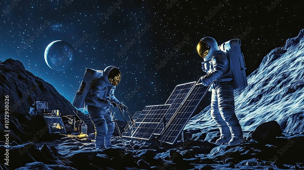 Wall mural two astronauts on a lunar surface with solar panels and a distant moon