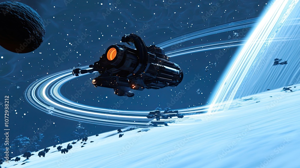 Poster spaceship flying through a ring system with a distant planet