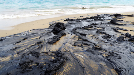 Aerial view of coastal area with dark, sticky tar covering beach and seawater, highlighting environmental pollution and providing copy space for text or design.