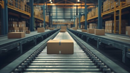 Closeup of multiple cardboard box packages seamlessly moving along a conveyor belt in a warehouse fulfillment center, a snapshot of e-commerce, delivery, automation and products.