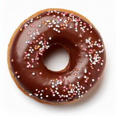 Chocolate donut with sprinkles, top-down view, isolated on white background, perfect for bakery ads, dessert menus, and food marketing