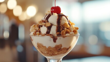 A sundae with vanilla ice cream, chocolate sauce, nuts, and a cherry on top.