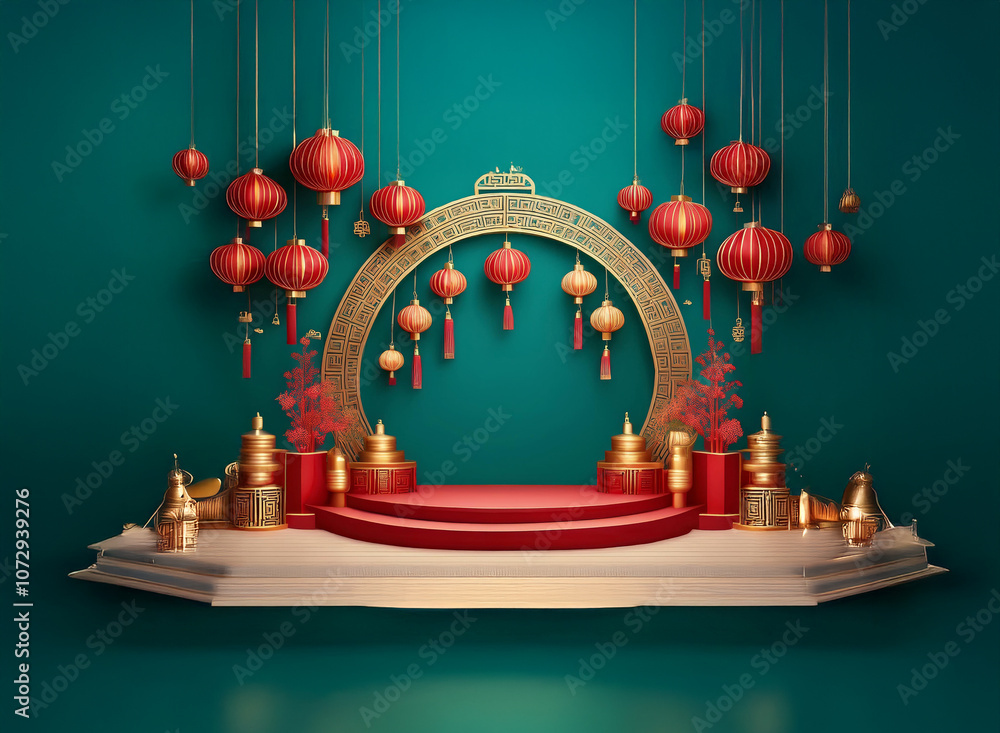 Poster a red podium with gold accents sits in front of a gold and red circular frame adorned with hanging r
