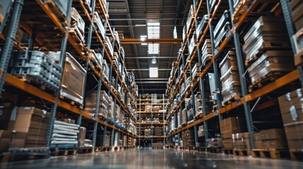 Rows of stacked boxes in a warehouse.