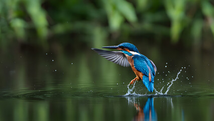 Obraz premium Blue kingfisher diving towards a forest pond, Ai generated