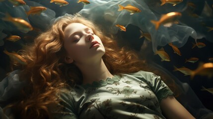 Portrait of a young woman with red hair sleeping in water with swimming goldfish