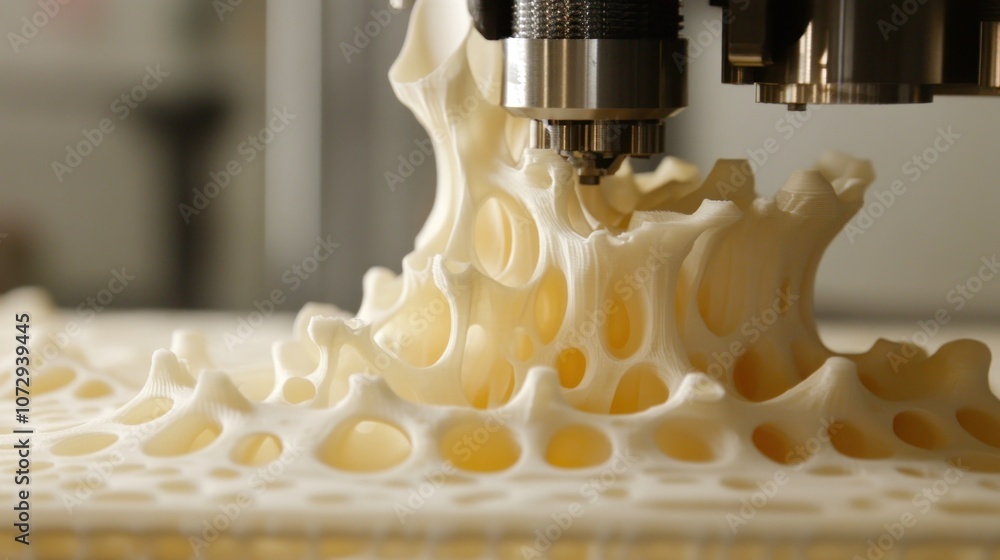 Poster close-up of a 3d printer creating a complex, porous structure from white plastic.