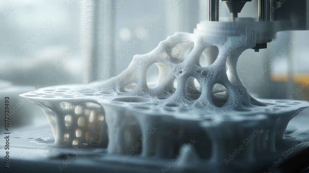 Poster a close-up shot of a 3d printer creating a complex, intricate, white structure.