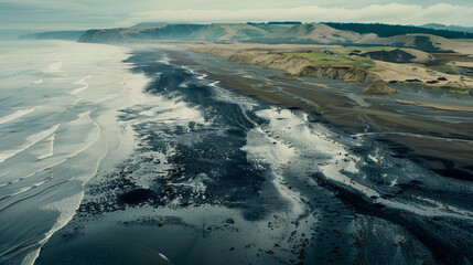 Aerial view of coastal area with dark, sticky tar covering beach and seawater, highlighting environmental pollution and providing copy space for text or design.