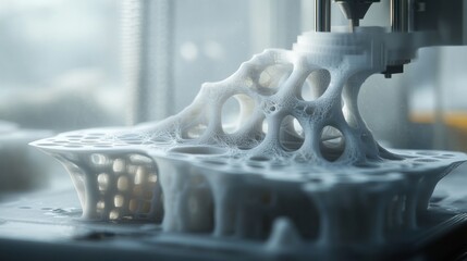 A close-up shot of a 3D printer creating a complex, intricate, white structure.
