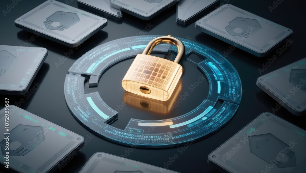 Aufkleber a golden padlock is centrally placed on a digital circuit, surrounded by data-storage devices, symbo