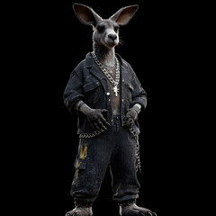 A tough-looking kangaroo wearing a black denim jacket and pants with a chain around his waist, posing with his hands on his hips.