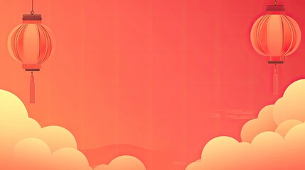 Obraz premium Chinese New Year background with lanterns and clouds, red color scheme, flat vector illustration, high resolution, professional digital art, Chinese-style background, high quality, with generative ai