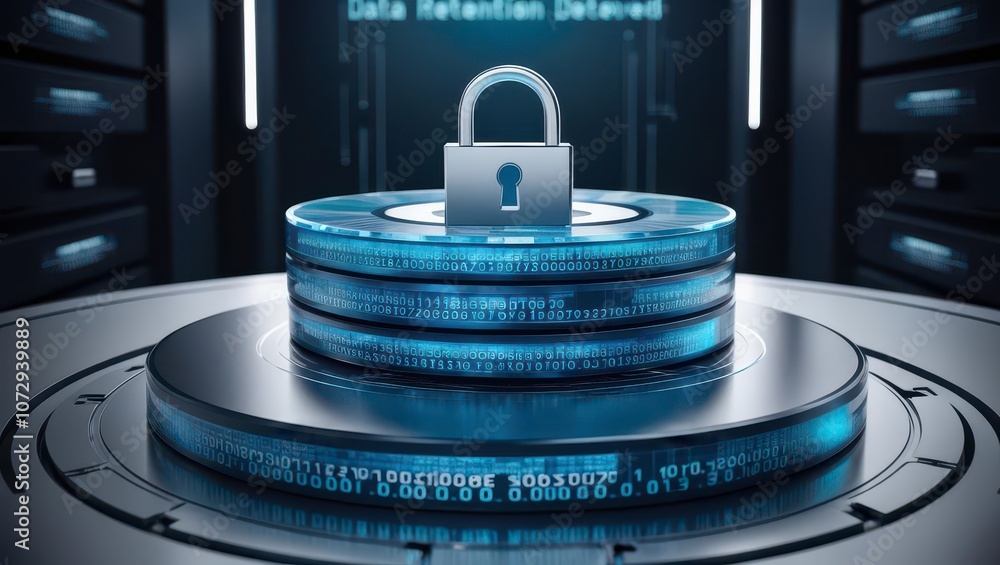 Poster a modern digital lock sits atop glowing data layers, symbolizing cybersecurity and data protection i
