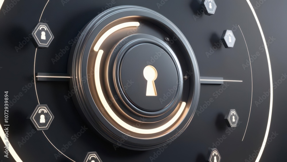 Poster a close-up image of a modern lock mechanism featuring a circular dial and keyhole design, emphasizin
