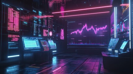 Futuristic financial scene. stock market evolution with dynamic data and neon indicators