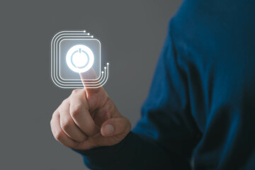 A person touching a digital interface with a timer icon, showcasing technology, innovation, and user interaction.