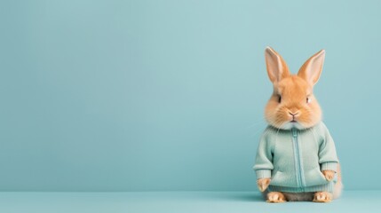 Obraz premium Cute rabbit wearing a sweater against a pastel background.