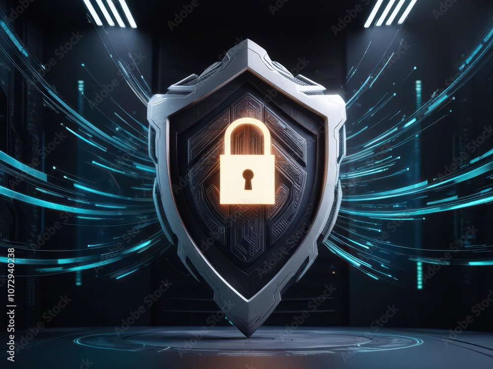Poster a modern shield icon with a lock symbolizes digital security, set against a high-tech background wit