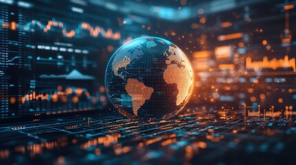 A futuristic digital globe surrounded by glowing data and analytics, symbolizing global connectivity and technological advancement.
