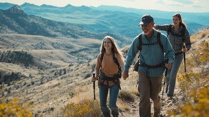 Happy family hiking together in the mountains.