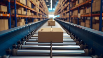 Closeup of multiple cardboard box packages seamlessly moving along a conveyor belt in a warehouse fulfillment center, a snapshot of e-commerce, delivery, automation and products.