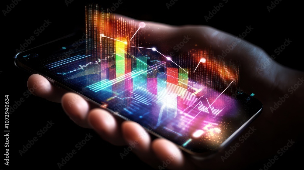 Poster hand holding smartphone displaying analytics chart