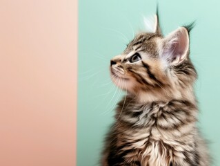 Cute profile of a fluffy cat on colorful background.