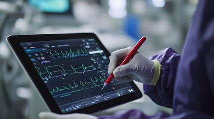 Fototapeta premium A healthcare professional analyzes data on a tablet, displaying vital signs and medical information in a clinical setting.