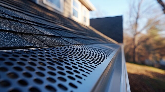 A close-up of a gutter guard installed on a roof, showcasing its textured surface and perforations designed to keep leaves and debris out.