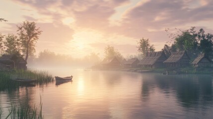 Obraz premium A peaceful village by the river at dawn, soft light and mist rising from the water