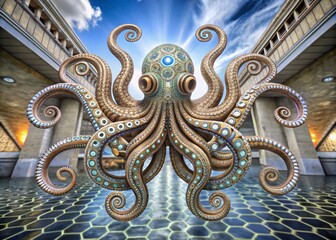 Surreal Art Deco Octopus Drawing with Intricate Patterns and Vibrant Colors, Merging Organic Forms and Geometric Shapes in an Enigmatic Underwater Scene