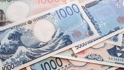 Close up of New Japanese Bank Notes ( yen1000, Yen5000 and Yen10000), Tokyo Japan 2024 Aug.11
