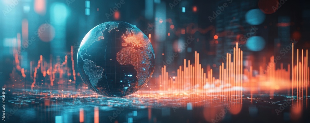 Poster a digital globe illuminated by vibrant colors, accompanied by sound wave patterns, symbolizes global