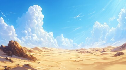 Expansive desert with golden sand dunes and a clear blue sky