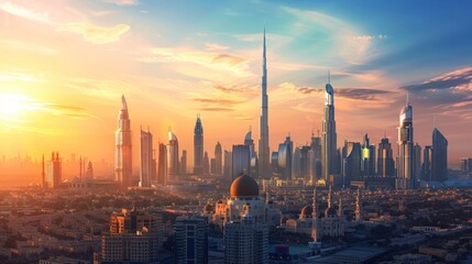 Fototapeta premium Stunning sunset view of a city skyline with skyscrapers and a golden dome building.