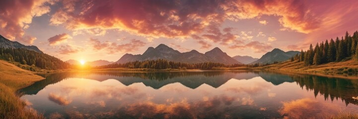 Obraz premium Sunset nature landscape of mountains and lakes during summer Golden and pink cloudy sky