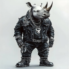 A tough-looking white rhino with a leather jacket, chains, and boots, stares directly at the camera.