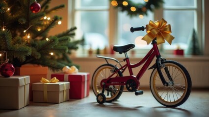 A charming red bicycle with a festive bow beside a beautifully decorated Christmas tree indoors