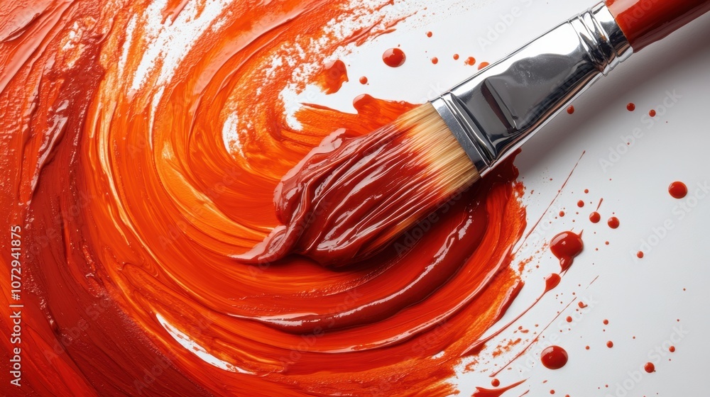 Poster creating vibrant artwork with bold red paint swirls on a clean canvas using a brush for an artistic 