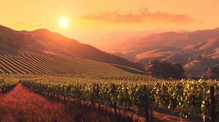A vineyard with rows of grapevines, set on rolling hills with a setting sun