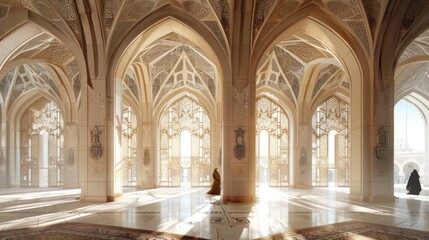 Obraz premium Sunbeams illuminate an ornate interior with arched doorways and intricate details.