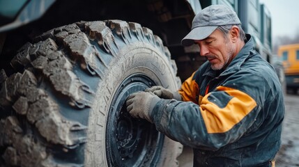 A mechanic repairs a large, muddy tire on construction equipment, demonstrating skills in heavy machinery maintenance.