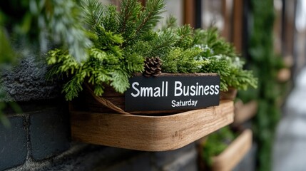 Small Business Saturday sign surrounded by evergreen decor and pinecones, highlighting community support and sustainable holiday shopping themes