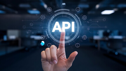 API application programming interface, a finger touch a hologram virtual interface that hologram of API, API integration, API development, JSON, API documentation, 