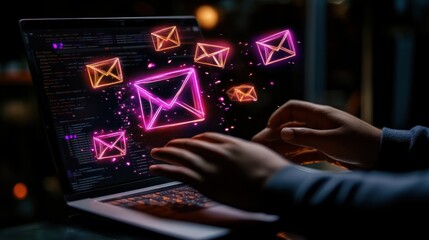 Laptop close up with abstract glowing envelope icon businessman hands showing series of emails being sent, illustrating email marketing concept