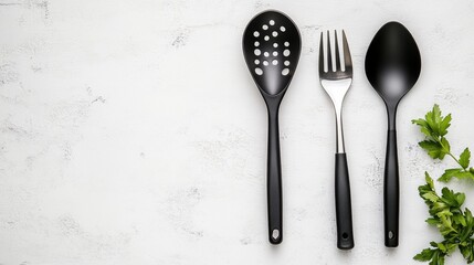 Elegant black cooking utensils arranged on a white surface with fresh green herbs enhancing the kitchen aesthetic