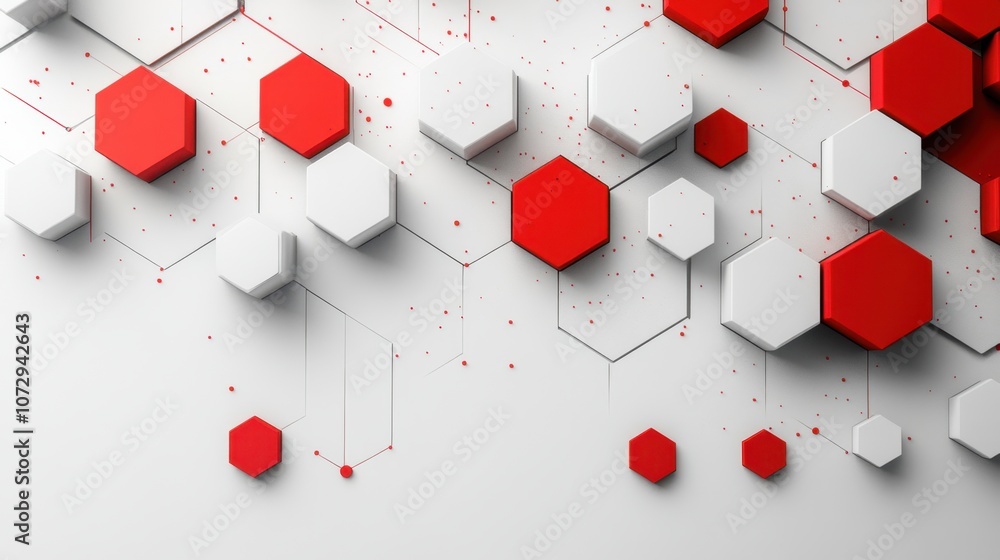 Poster dynamic interplay of red and white hexagons creating a modern abstract design on a clean white backg